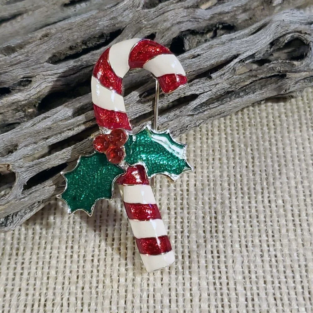 Y2K 90s Christmas Red White Candy Cane Holly Silver Enamel Sweater Pin Brooch